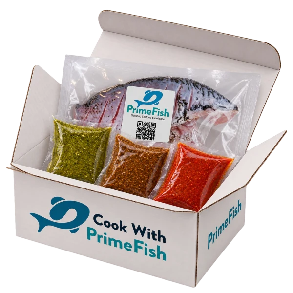 PrimeFish kit box with fish and masala packs